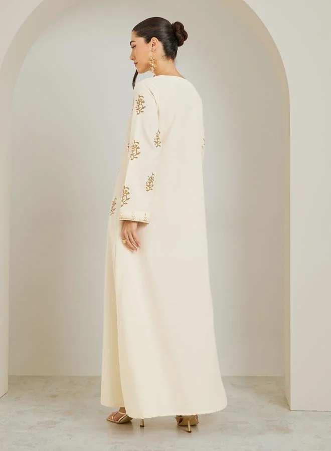 Amirah  Women Cream Embroidered A-Line Jalabiya for Women | Best Price UAE